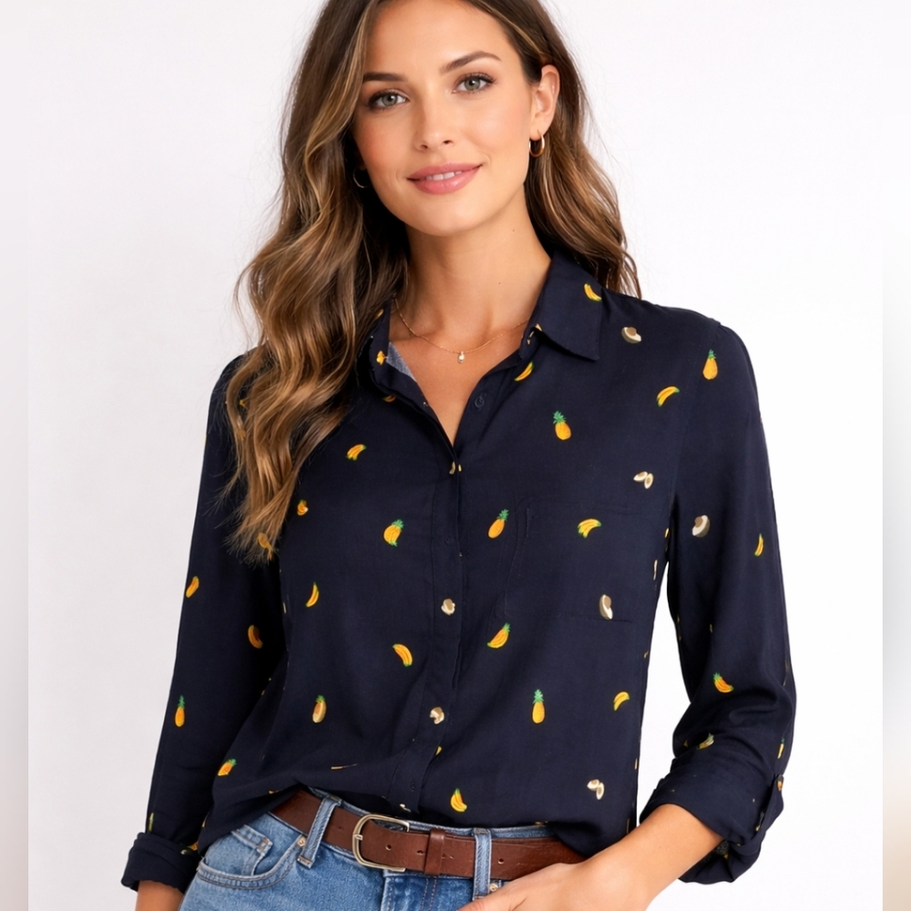 ALEXANDER JORDAN BLUE BUTTON DOWN SHIRT WITH A LOT OF FRUITS ❤️❤️🍍🥑